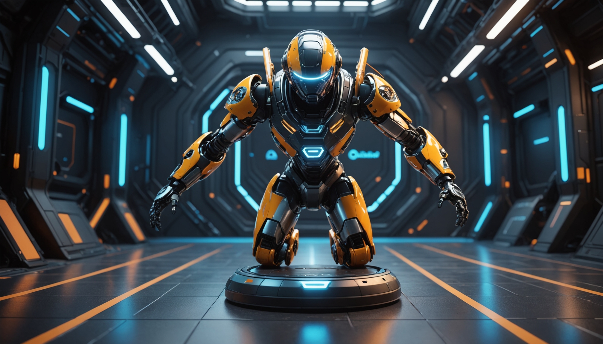 Futuristischer Roboter mit eleganten Metallic-Akzenten und Neon-Highlights, der sich vor einem High-Tech-Sporthintergrund befindet, der Innovation und Beweglichkeit vermittelt.