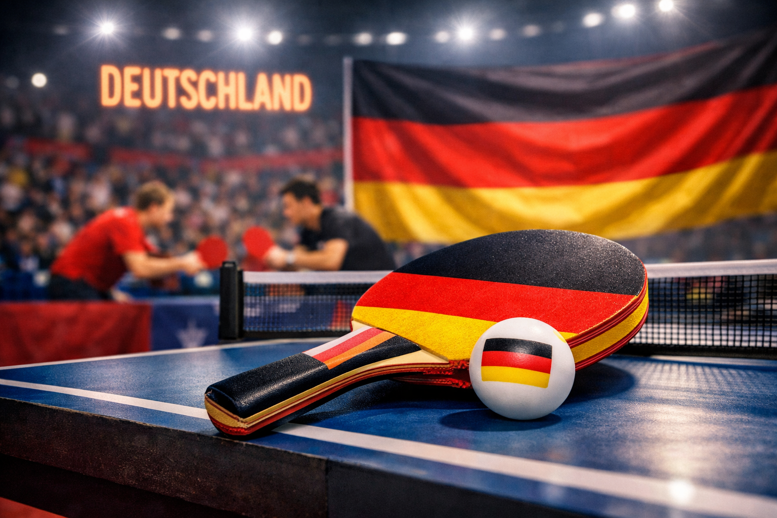 Tischtennisschläger und Ball in Deutschland‑Farben auf einem Spieltisch.
