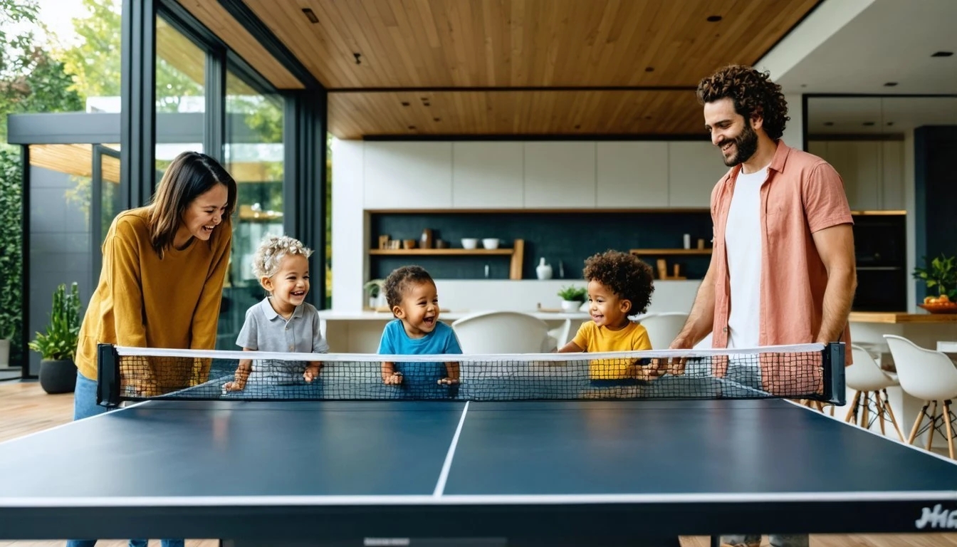 Ein modernes, gut beleuchtetes Zuhause mit einer Familie über drei Generationen, die sich um einen Tischtennistisch versammelt hat, lächelnd und vertieft ins Spiel.