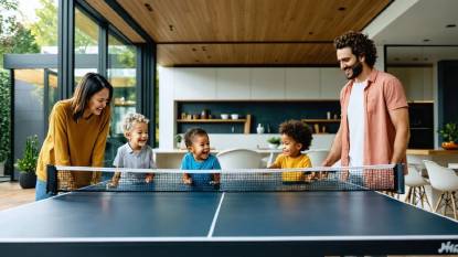 Ein modernes, gut beleuchtetes Zuhause mit einer Familie über drei Generationen, die sich um einen Tischtennistisch versammelt hat, lächelnd und vertieft ins Spiel.