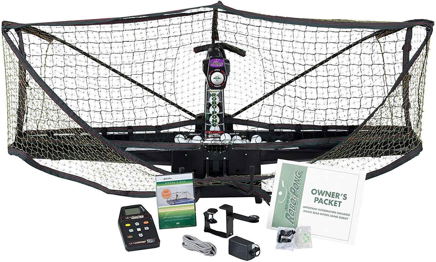 A high-tech Newgy Robo-Pong 2050+ table tennis training robot set up on a standard ping-pong table.